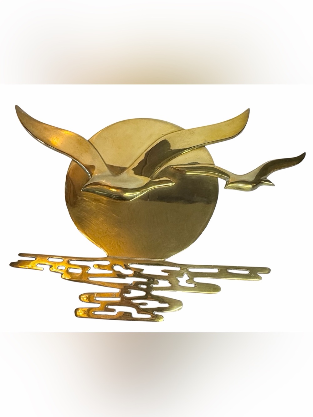 Vintage Brass Seagull Bird At Ocean Sunset Wall Hanging MCM Mid Century Decor